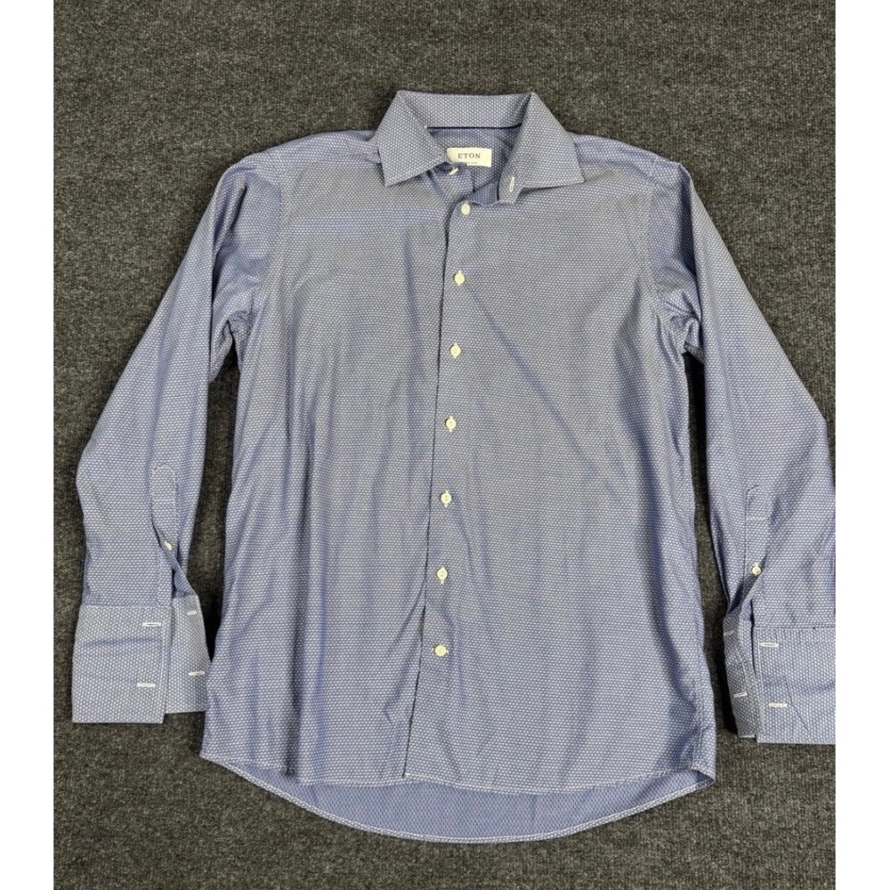 Eton Custom Made Mens Blue Geometric Diamond French Cuff Dress Shirt 16 22.5x30